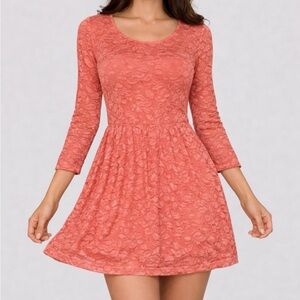 Charlotte Russe Coral Pink Long Sleeve Floral Lace Sweetheart Neckline Dress